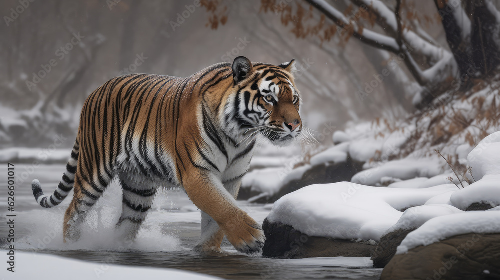 Obraz premium Single big tiger walking in a small river in the middle of winter as a symbol for danger. Generative AI.