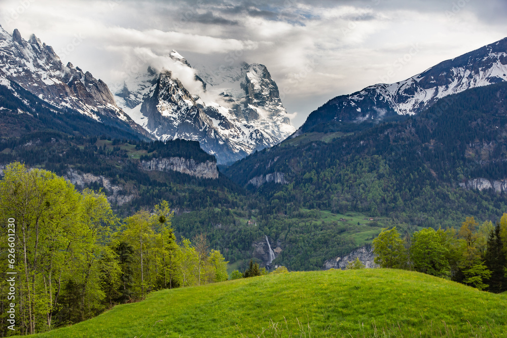 Rugged Swiss Alpine mountain scenery behind a lush, green meadow