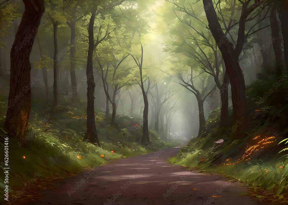Fototapeta premium Fantasy green forest trees illustration ,Generative AI