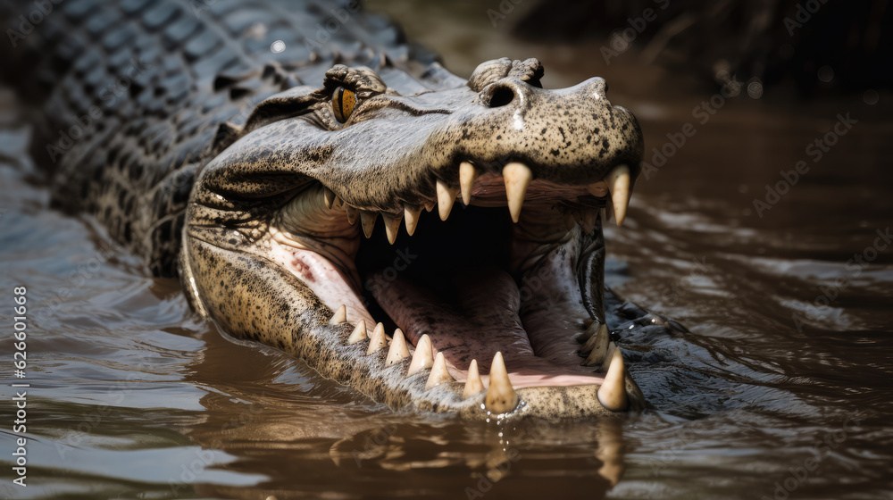 Fototapeta premium Frontview on a big crocodile with open mouth as a symbol for danger. Generative AI.