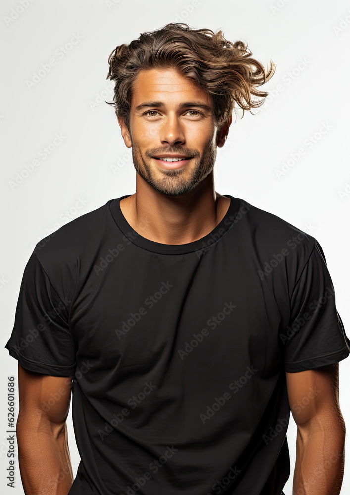 Male Model Wearing a Plain Black Unbranded T-Shirt on a White Background-Generative AI Male Model Wearing a Plain Black Unbranded T-Shirt on a White Background-Generative AI