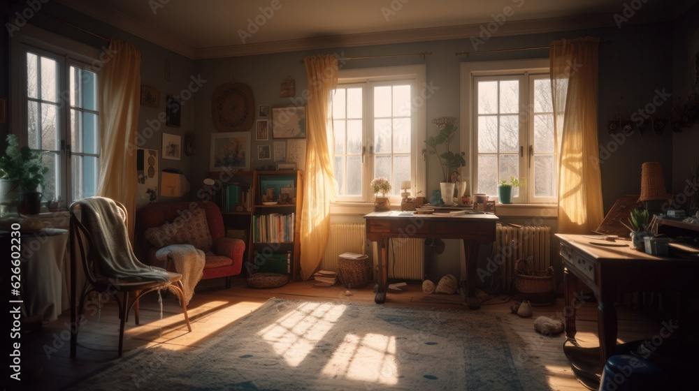 home interior design concept home studio working study room contemporary design scheme in evening time sunset dramatic light,ai generate home interior design concept home studio working study room contemporary design scheme in evening time sunset dramatic light,ai generate