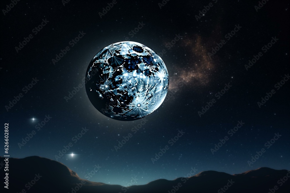 Bright moon shining in clear starry sky with nebula and falling star flares, providing a dark and shiny background with ample copy space for template use. Generative AI