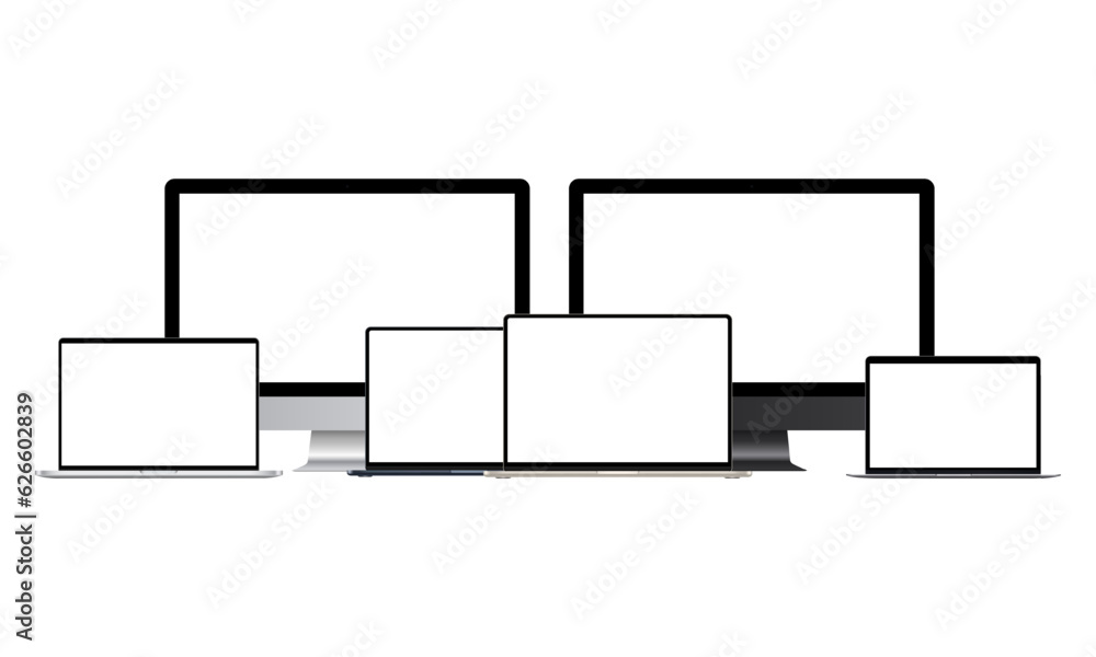 Computer Monitors and Laptops Mockups With Blank Screens, Isolated on White Background. Vector Illustration Computer Monitors and Laptops Mockups With Blank Screens, Isolated on White Background. Vector Illustration