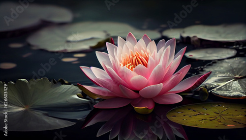 Fotografiet Beautiful pink water lily flower with leaves in a pond, beauty in nature concept