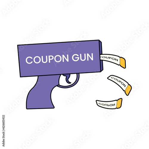 Purple toy gun shoots discount coupons. Vector illustration isolated on white background