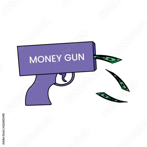 Purple toy gun shoots dollar bills. Vector illustration isolated on white background