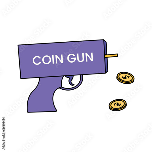 Purple toy gun shoots gold dollars. Vector illustration isolated on white background