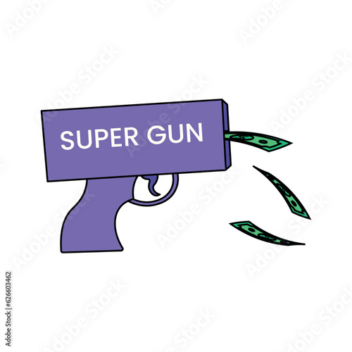 Purple toy gun with Super gun inscription shoots dollar bills. The money gun shoots dollar bills. Vector illustration isolated on white background