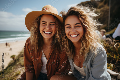 two girls in their 20s taking a selfie on the beach. They are laughing and they are happy. They have the beach and the sea in the background. The day is clear and bright