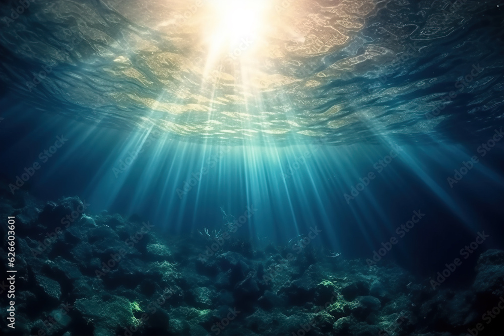 Underwater scene with sunbeams and sea surface. 