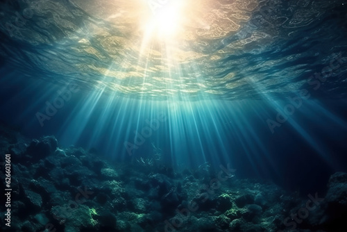 Underwater scene with sunbeams and sea surface. 