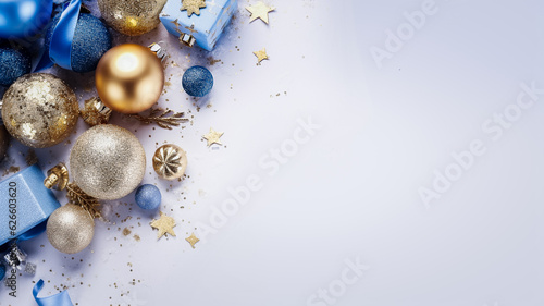 Fond blanc avec décoration de noël ton bleu pale, cadeau, boules, ruban, paillettes, vu de dessus pour carte de voeux - Générative IA