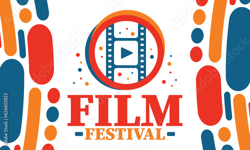 Film Festival. Movie Award. Cinematography event. Cinema premier graphic. Video production studio. Filmmaking art. Filmstrip logo. Show and entertainment. Vector illustration. Poster design