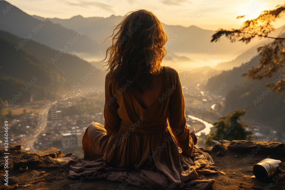 Yoga woman sitting on top of a mountain at sunrise. Mountains in the fog. The view from the back. arms around. Meditation. The balance of psychological life. Appeasement. Generative Ai Yoga woman sitting on top of a mountain at sunrise. Mountains in the fog. The view from the back. arms around. Meditation. The balance of psychological life. Appeasement. Generative Ai