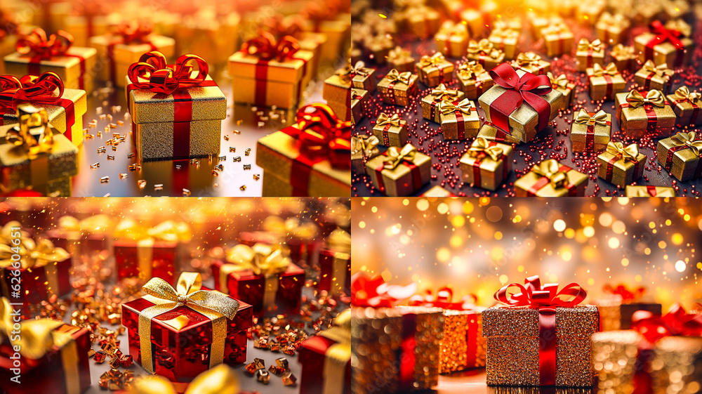 Boites cadeaux dorée avec ruban rouge - Cadeau de Noël - Générative IA
