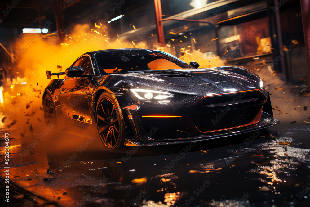 Futuristic sports super car concept on the background of the night city with flame and fire, street racing on expensive exclusive luxury auto, AI Generated