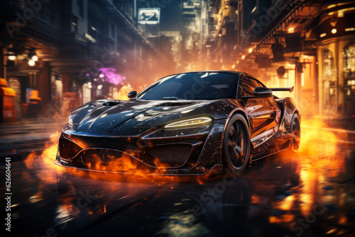 Futuristic sports super car concept on the background of the night city with flame and fire, street racing on expensive exclusive luxury auto, AI Generated