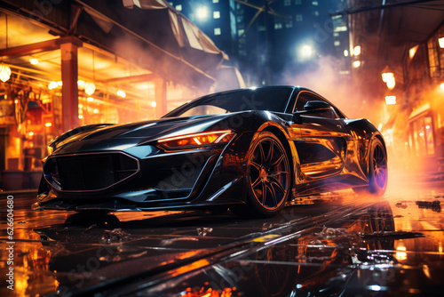 Futuristic sports super car concept on the background of the night city with flame and fire  street racing on expensive exclusive luxury auto  AI Generated