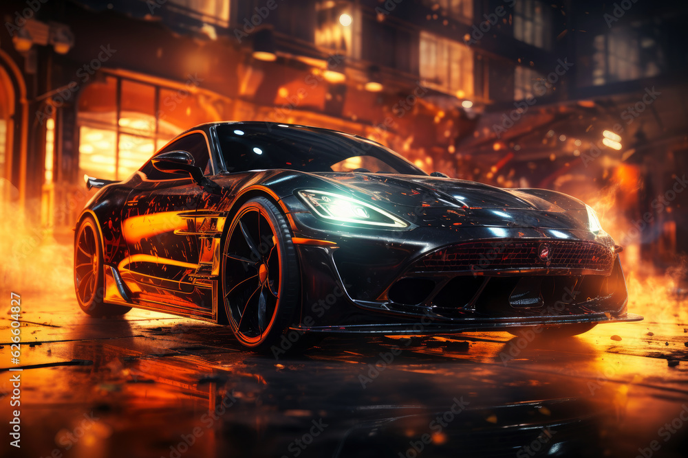 Futuristic sports super car concept on the background of the night city with flame and fire, street racing on expensive exclusive luxury auto, AI Generated