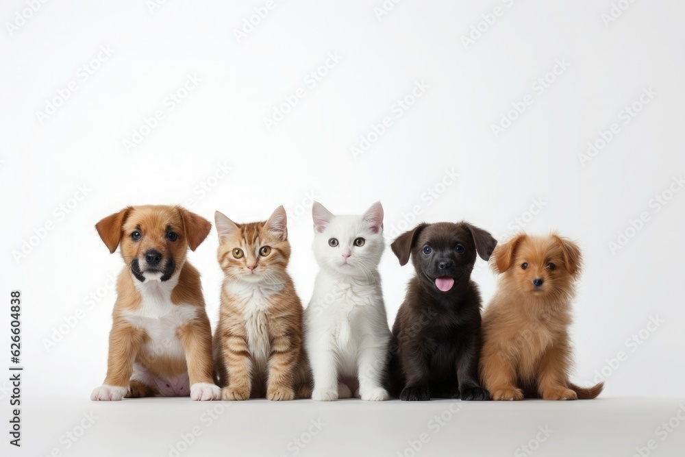 Row of kittens and puppies on a white background.