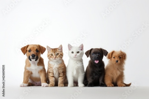 Row of kittens and puppies on a white background.
