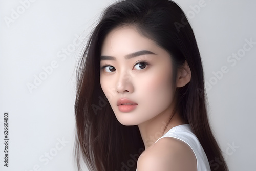 Asian Woman With a Beautiful Face and Perfect Clean Fresh Skin on White Background: AI Generated