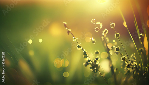 blooming grasses in the wind on blurred fresh green background with sunny bokeh lights, concept for pollen allergy season with space for text or products, Ai generated image