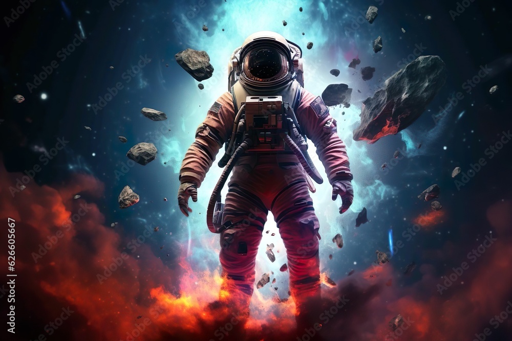 Astronaut schwebt auf einem Planeten wo im Hintergrund ein anderen Planeten explodiert mit Feuer ,Generiert mit KI Astronaut schwebt auf einem Planeten wo im Hintergrund ein anderen Planeten explodiert mit Feuer ,Generiert mit KI