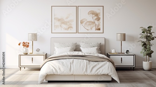  A bed with beige bedding in a white room  photo