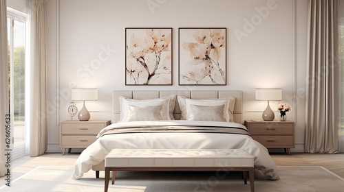  A bed with beige bedding in a white room 
