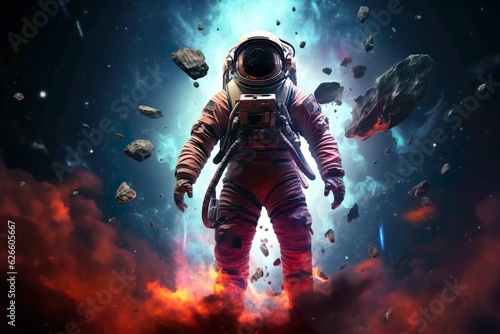Astronaut schwebt auf einem Planeten wo im Hintergrund ein anderen Planeten explodiert mit Feuer ,Generiert mit KI © getti