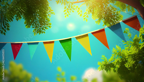 Bolorful pennant string decoration in green tree foliage on blue sky, summer party background, Ai generated image