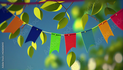 Bolorful pennant string decoration in green tree foliage on blue sky, summer party background, Ai generated image photo