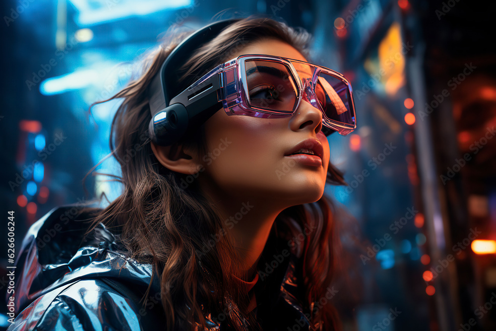 Embrace the allure of the future with this captivating portrayal of a cyber girl adorned in virtual glasses, surrounded by neon lights. Ai generated Embrace the allure of the future with this captivating portrayal of a cyber girl adorned in virtual glasses, surrounded by neon lights. Ai generated