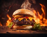 Juicy Grilled Burger With Fire AI Generative