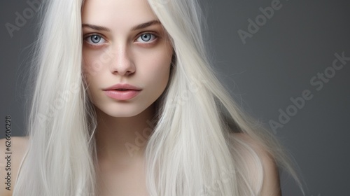 Photo of young beautiful woman with magnificent hair. fashion studio portrait