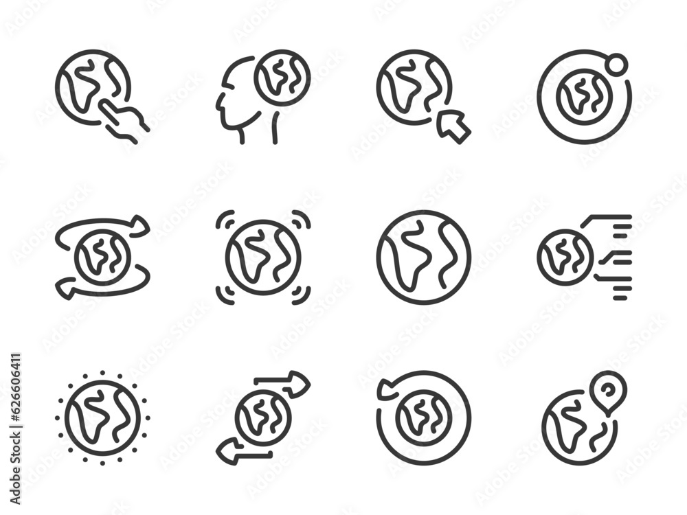 Globe and Earth vector line icons. Planet and Global network outline icon set. Atmosphere, Rotation, Orbit, Satellite, Location and more. Globe and Earth vector line icons. Planet and Global network outline icon set. Atmosphere, Rotation, Orbit, Satellite, Location and more.