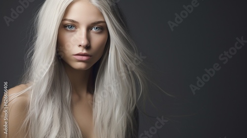 Photo of young beautiful woman with magnificent hair. fashion studio portrait