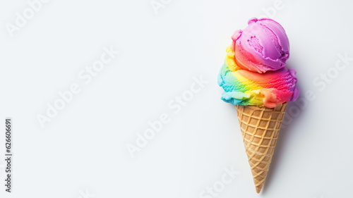 Advertising shot, multicolored ice cream with balls in cone, isolated on a light gray background
