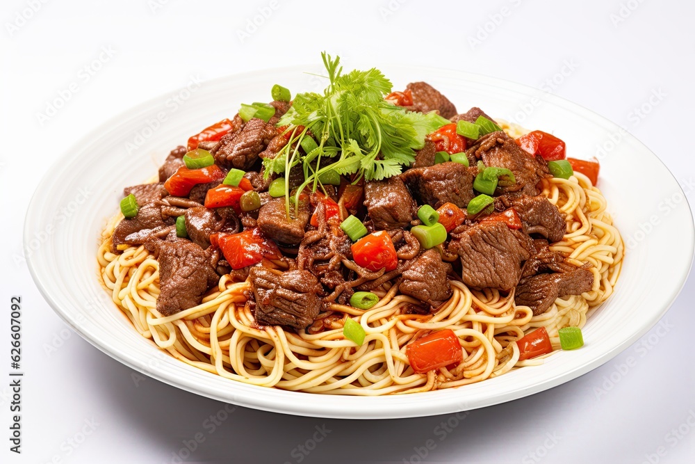 A plate of delicious tomato beef noodles A plate of delicious tomato beef noodles