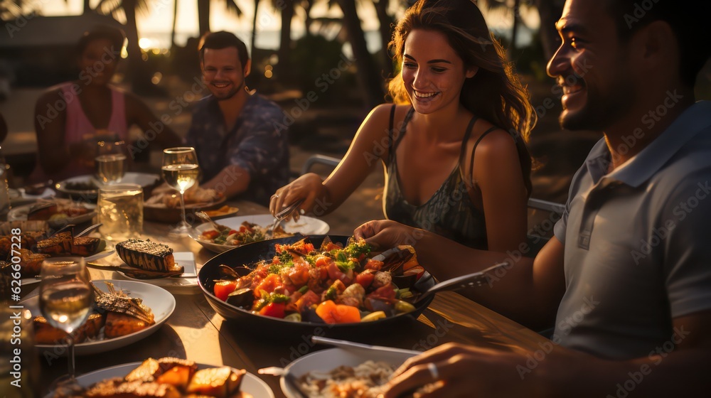Beachside Barbecue People Enjoying Delicious Food with Tropical Backdrop Beachside Barbecue People Enjoying Delicious Food with Tropical Backdrop