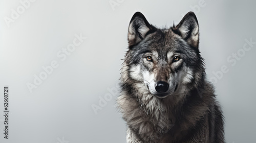 Advertising portrait, banner, gorgeous gray classic wolf isolated on gray background © NK Project