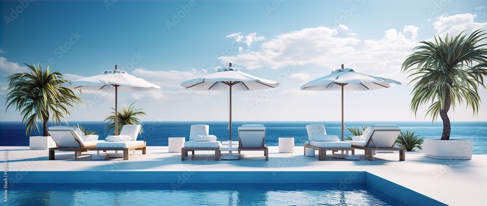 Luxurious swimming pool and loungers umbrellas near beach and sea with palm trees and blue sky; Generative AI