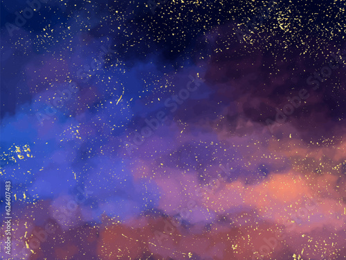 Magic night dark blue sky with sparkling stars.Golden scattered dust. Navy classic blue color. Vector