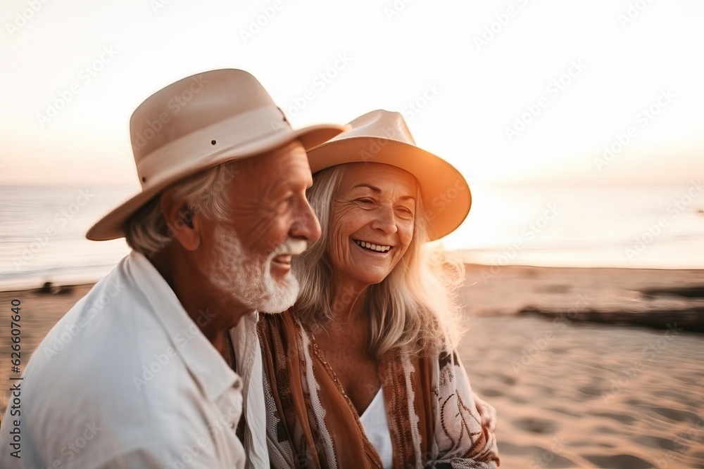 Couple seniors together enjoying summer beach with love