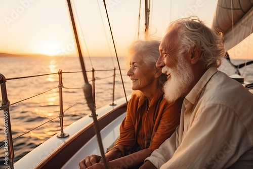 Happy senior couple sitting in boat trip