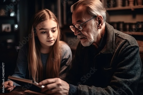Family Bonding Through Technology: Adult Daughter Visiting Her Senior Father at Home, Sharing Quality Time and Using a Tablet Together