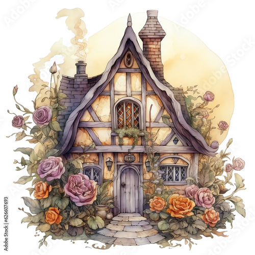 Witch House Watercolor Clipart Collection, Spooky Witch House Illustration, Halloween Decoration, Halloween Witchy House Clipart Set, made with generative AI