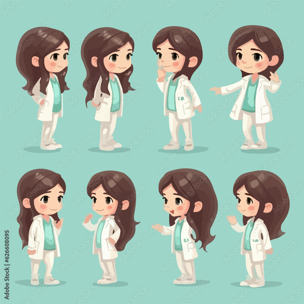 Doctor girl with medical attire, vector pose, young kid, cartoon style. Doctor girl with medical attire, vector pose, young kid, cartoon style.